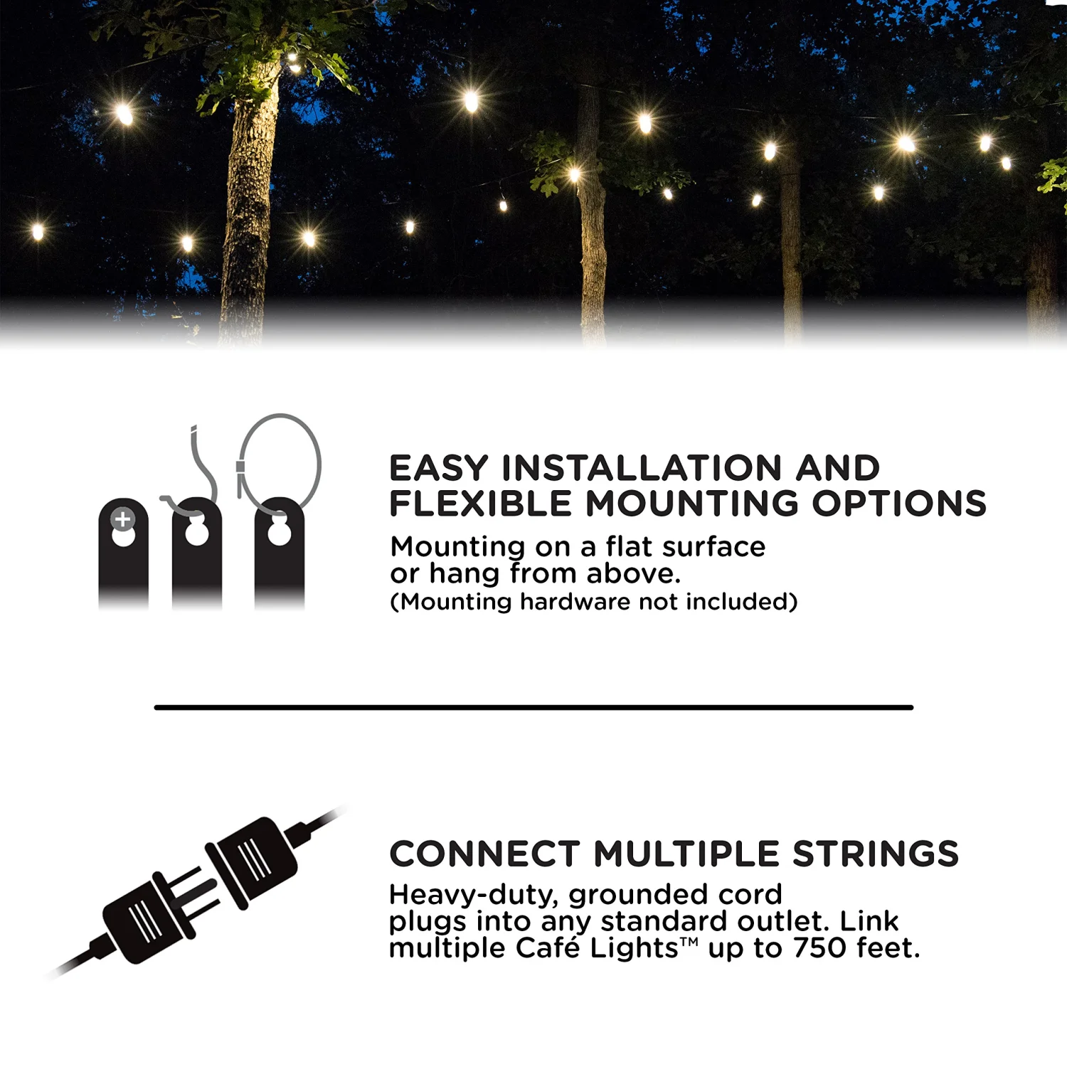 Enbrighten Classic Warm White String Lights, 36ft Black Cord, 18 Shatterproof Acryllic Bulbs, Weatherproof, Outdoor String Lights, 33171