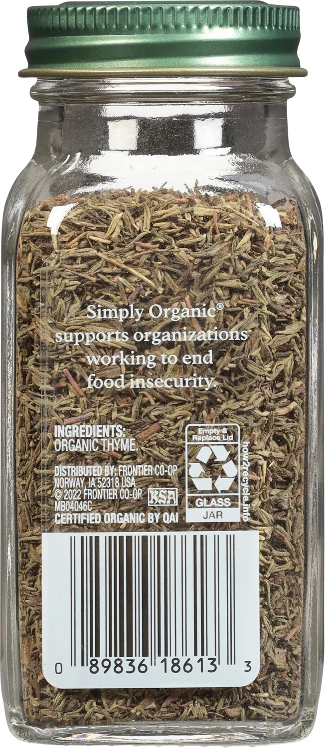 Simply Organic Whole Thyme Leaf, 0.78 Ounce Jar, Woodsy, Herbaceous, Plesantly Aromatic Thyme, Non GMO, NO ETO's, Kosher