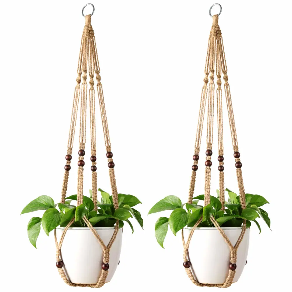 Mkono Macrame Plant Hanger Indoor Jute Hanging Planter Basket with Wood Beads Decorative Flower Pot Holder No Tassels for Indoor Outdoor Boho Home Decor 35 Inch, Brown, Set of 2 (POTS NOT Included)