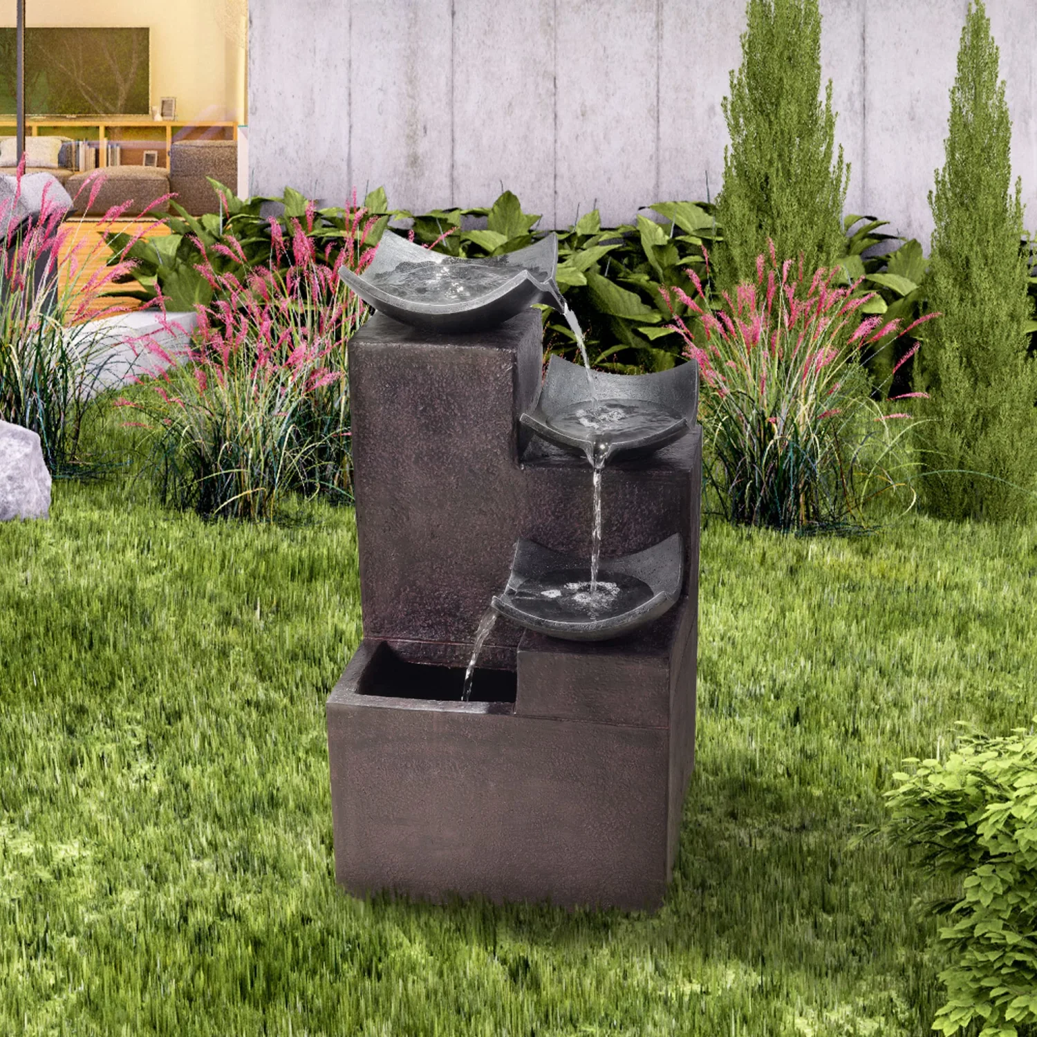 Teamson Home Modern Stone Look 4 Tiered Floor Waterfall Fountain with Pump for Outdoor Patio Garden Backyard Decking, 29 Inch Height, Black
