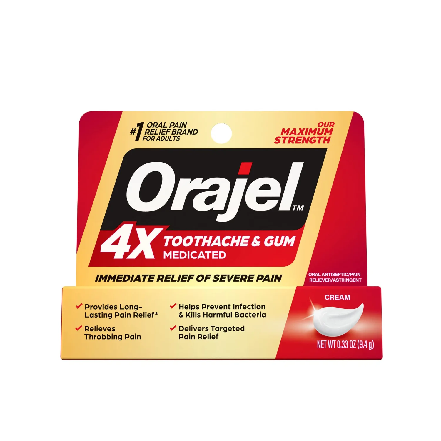 Orajel 4X for Toothache & Gum Pain: Severe Cream Tube 0.33oz- From Oral Pain Relief Brand