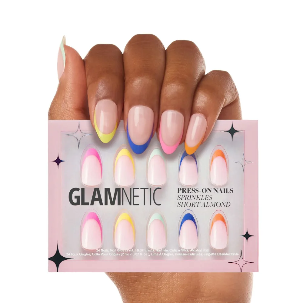 Glamnetic Press On Nails - Sprinkles | Rainbow French Tip Nails, UV Finish Short Pointed Almond Shape, Reusable Semi-Transparent Nails in 12 Sizes - 24 Nail Kit with Glue