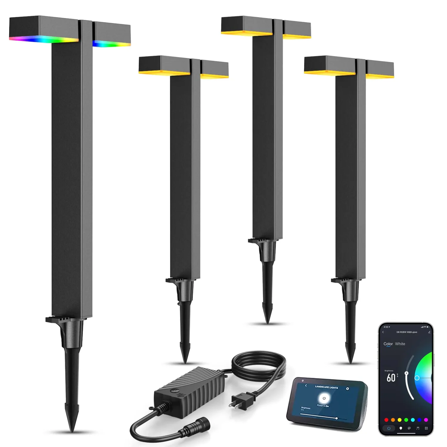 XMCOSY+ Low Voltage Landscape Lights, 400LM Smart Pathway Lights with APP Control, Adjustable Dual-Head Warm White & RGB, Works with Alexa, 12V 8W Outdoor Lights for Garden Lawn Walkway(4 Pack)