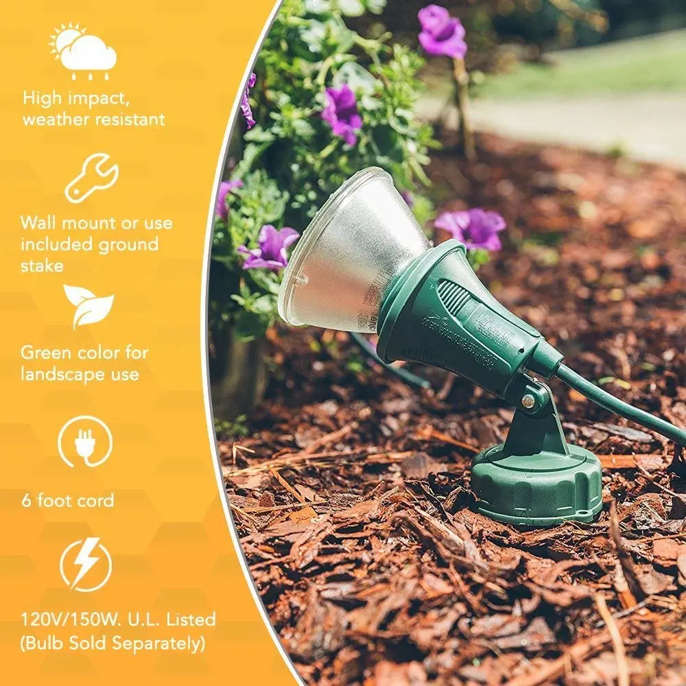 Woods Outdoor Floodlight Fixture with Stake (6-Feet Cord, 120V, Green) (2 Pack)