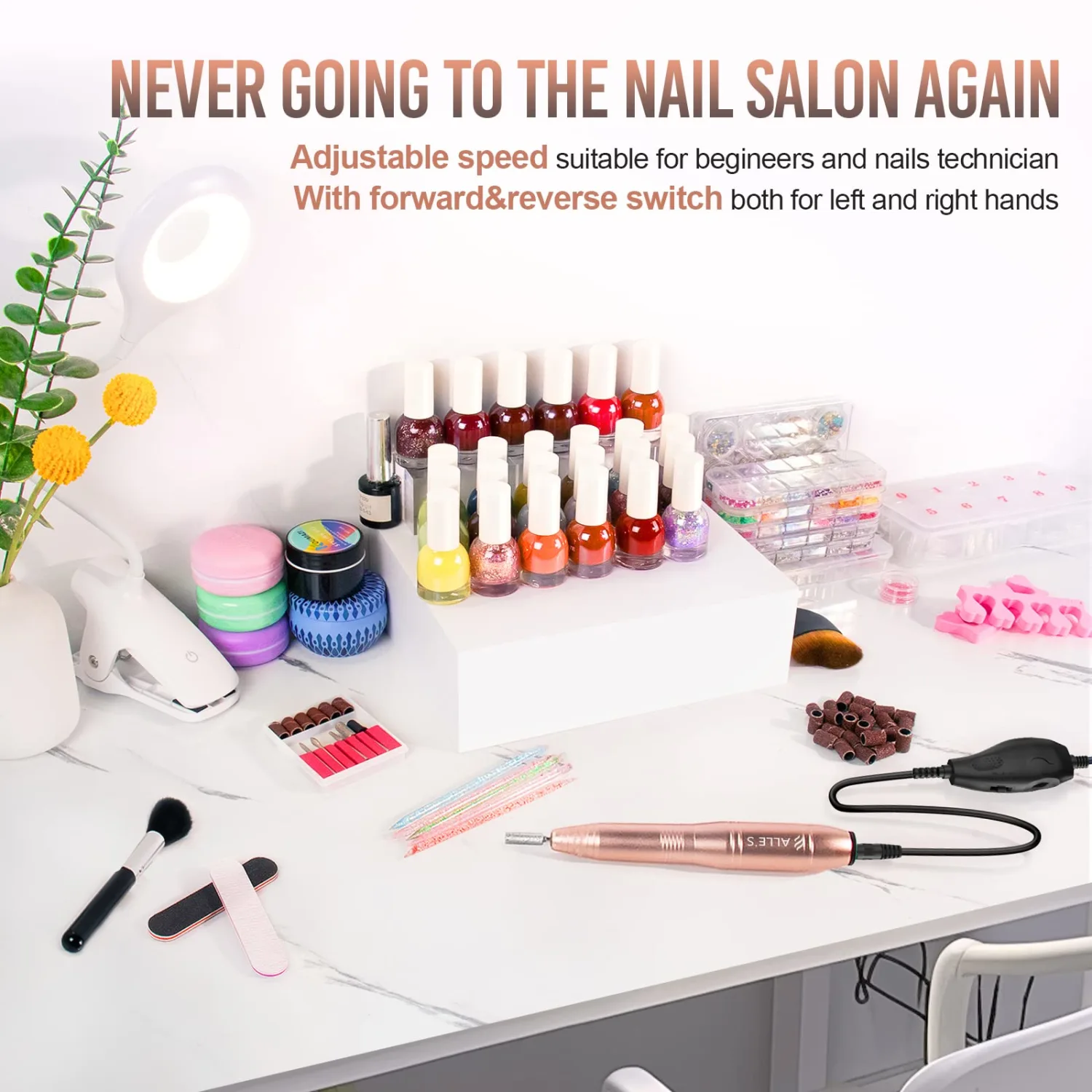 20000RPM Electric Nail Drill Compact Portable Efile Professional Manicure Pedicure Nail File Drill Kit for Acrylic, Gel Nails and Home Salon Use, Gold