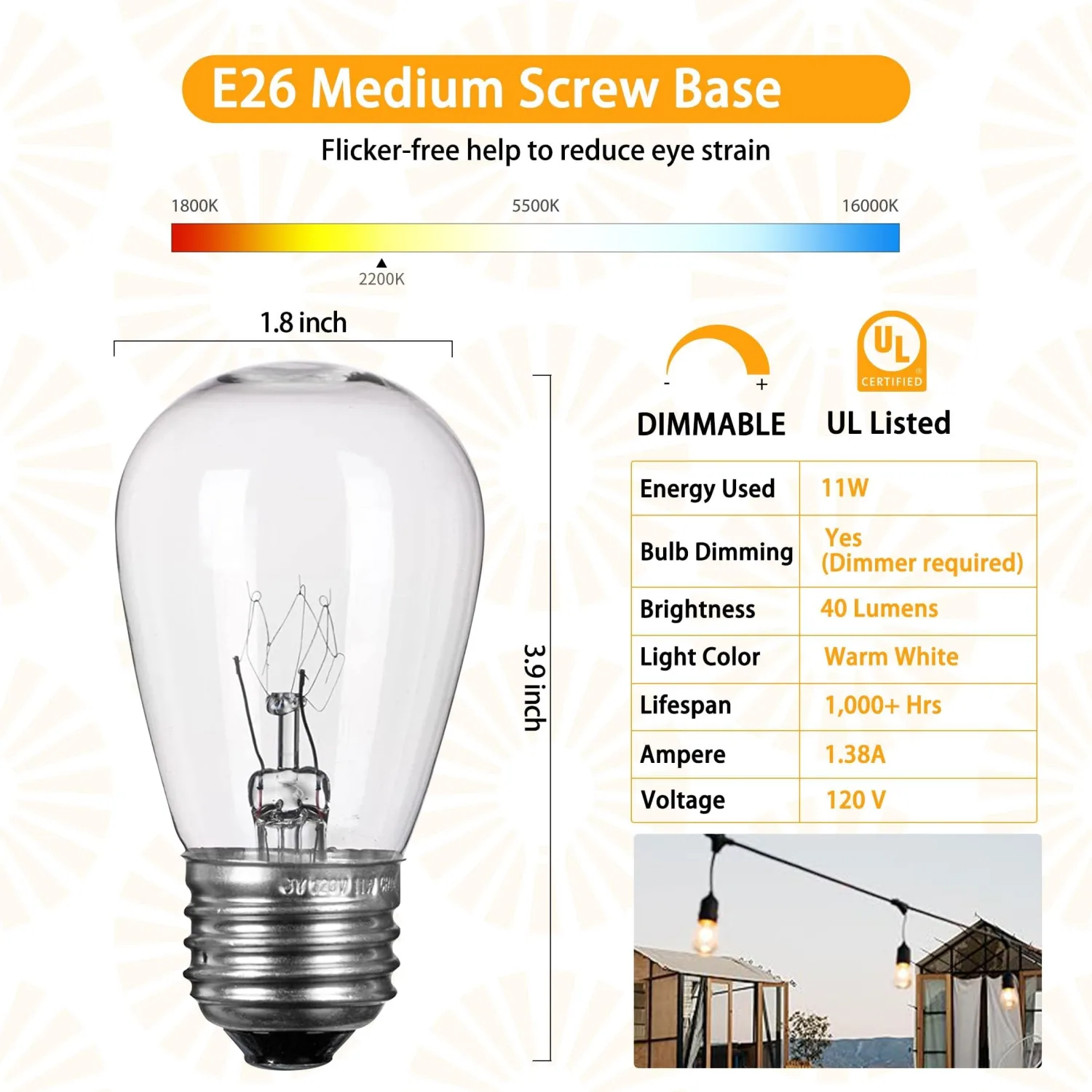 Pack of 26pcs S14 Light Bulbs for String Lights -11 Watt E26 Medium Candelabra Screw Base S14 Warm Replacement Clear Glass Bulbs for Commercial Grade Outdoor Patio Garden Vintage String Lights