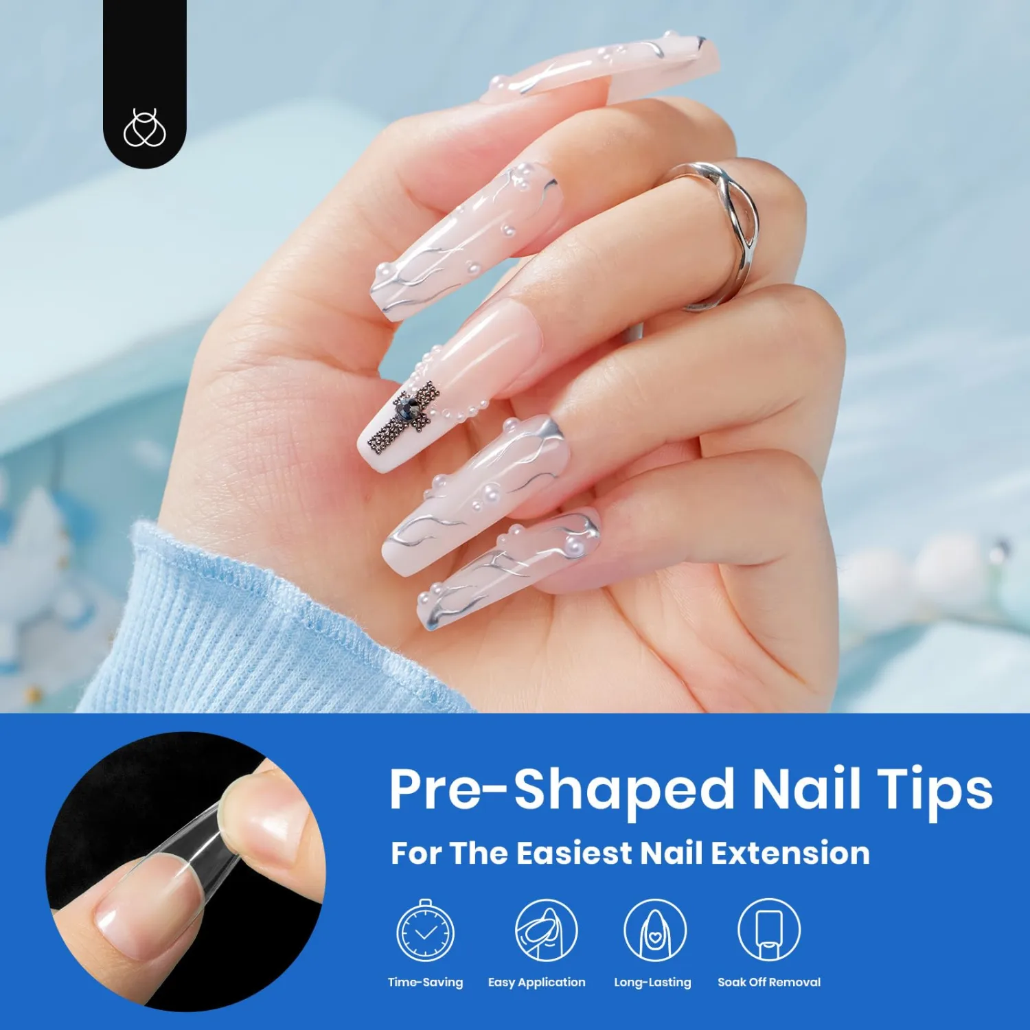 Beetles Acrylic Nails Kit 500Pcs Long Coffin Pre-Shaped Clear Full Cover Soft False Nails, Nail Tips Soak Off Easy Nail Extension Set for DIY Nails Art Home Gift for Women