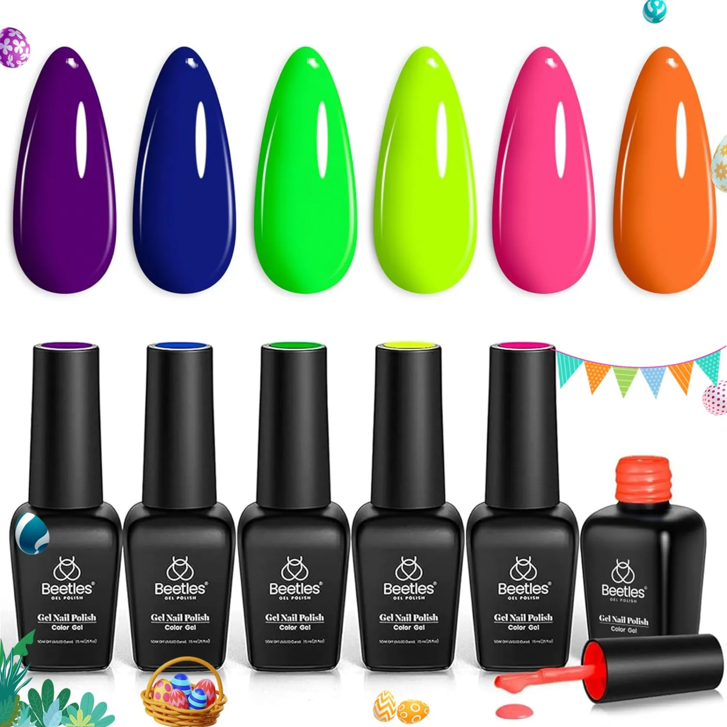 Beetles Summer Gel Nail Polish Set, Neon Orange Hot Pink Blue Yellow Green Purple Halloween Gel Polish 6 Colors Soak Off Uv Led Nail Art Manicure
