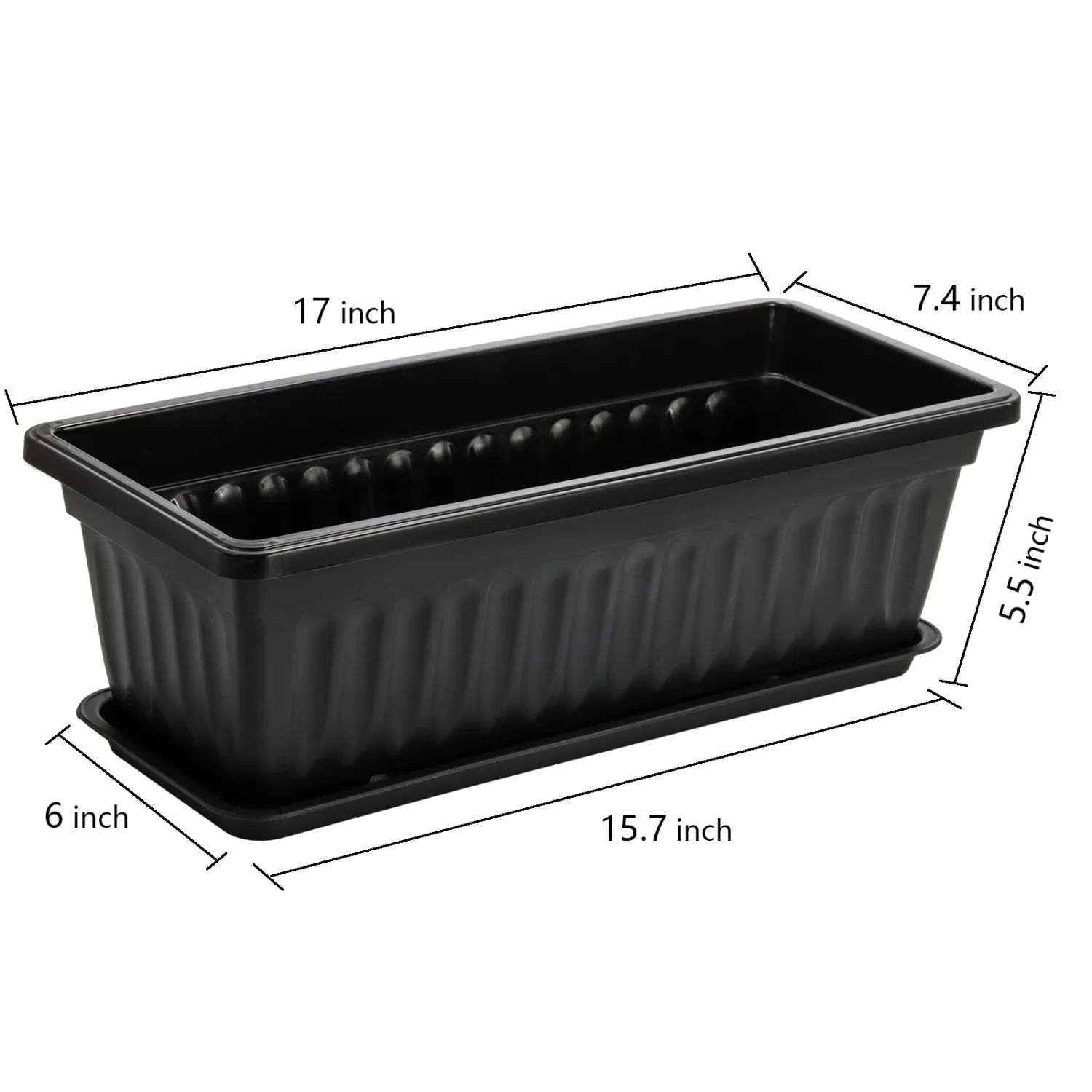Fasmov 7 Pack 17 Inches Flower Window Box Plastic Vegetable Planters with Trays Vegetables Growing Container Garden Flower Plant Pot with 7 Pcs Plant Labels for Balcony, Patio, Garden, Black