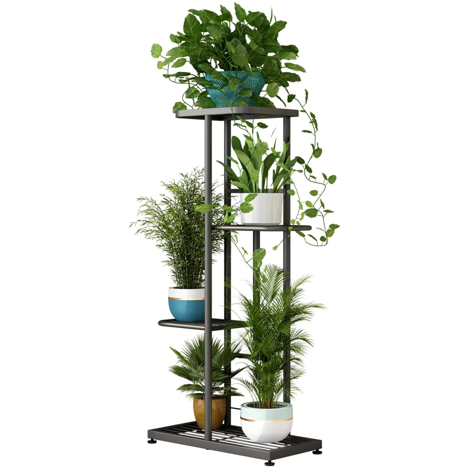 LINZINAR Plant Stand Metal 4 Tier 5 Potted Multiple Flower Pot Holder Shelf Indoor Outdoor Planter Display Shelving Unit for Patio Garden Corner Balcony Living Room (4 Tier 5 Potted, Dark Grey)