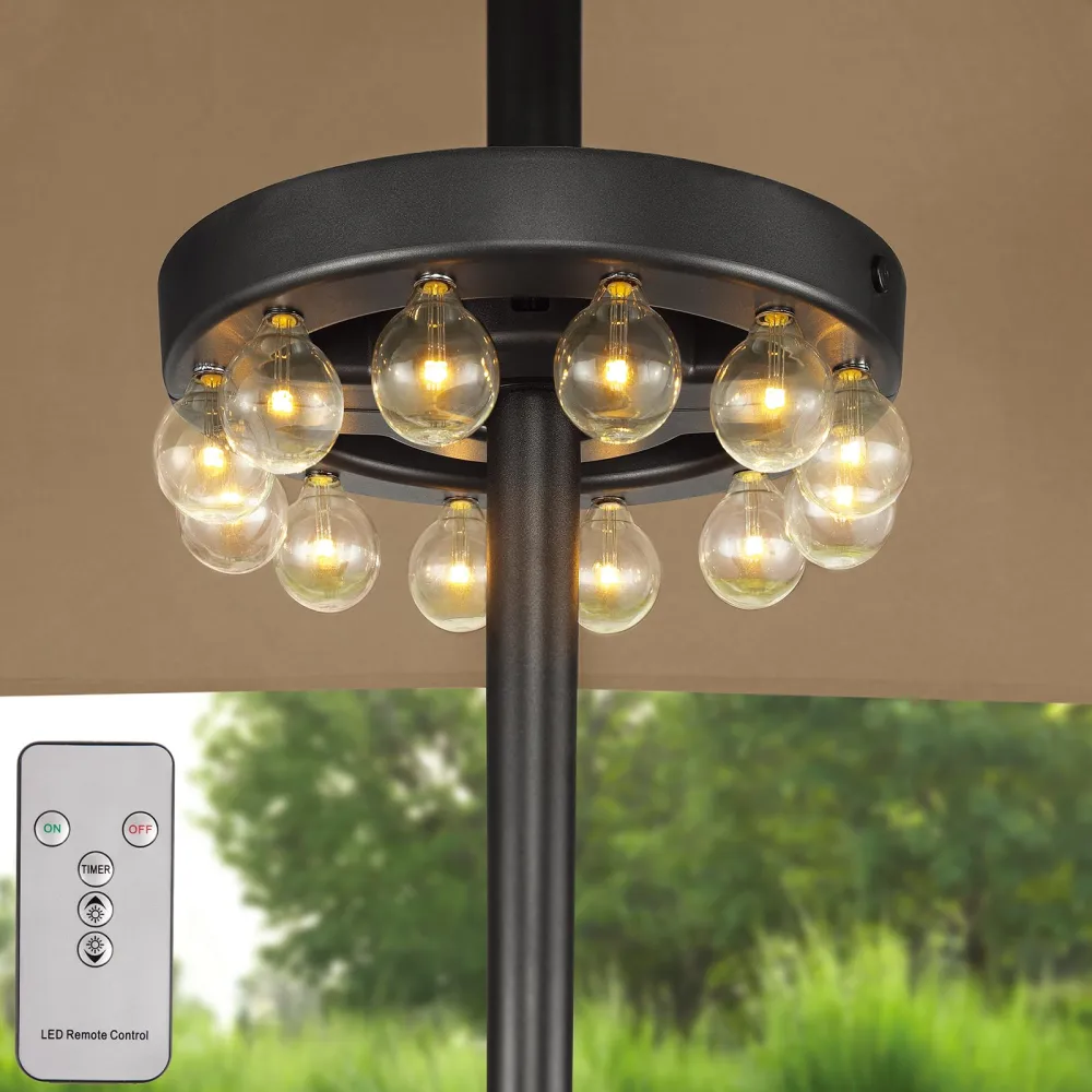 ZHONGXIN Outdoor LED Umbrella Lights - Battery Operated with Timer, Adjustable Brightness, 12 Warm White G40 Led Bulbs for Backyard Umbrellas, Camping Tent