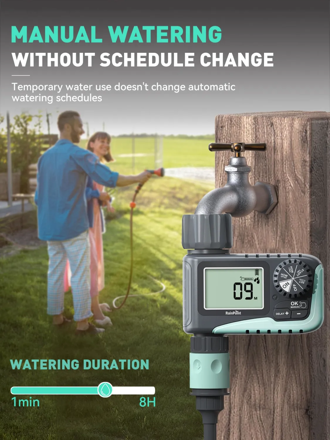 RAINPOINT Sprinkler Timer, Programmable Water Timer for Garden Hose, Outdoor Soaker Hose Timer with Rain Delay/Manual/Automatic Watering System, Digital Irrigation for Yard, Lawn, 1 Outlet