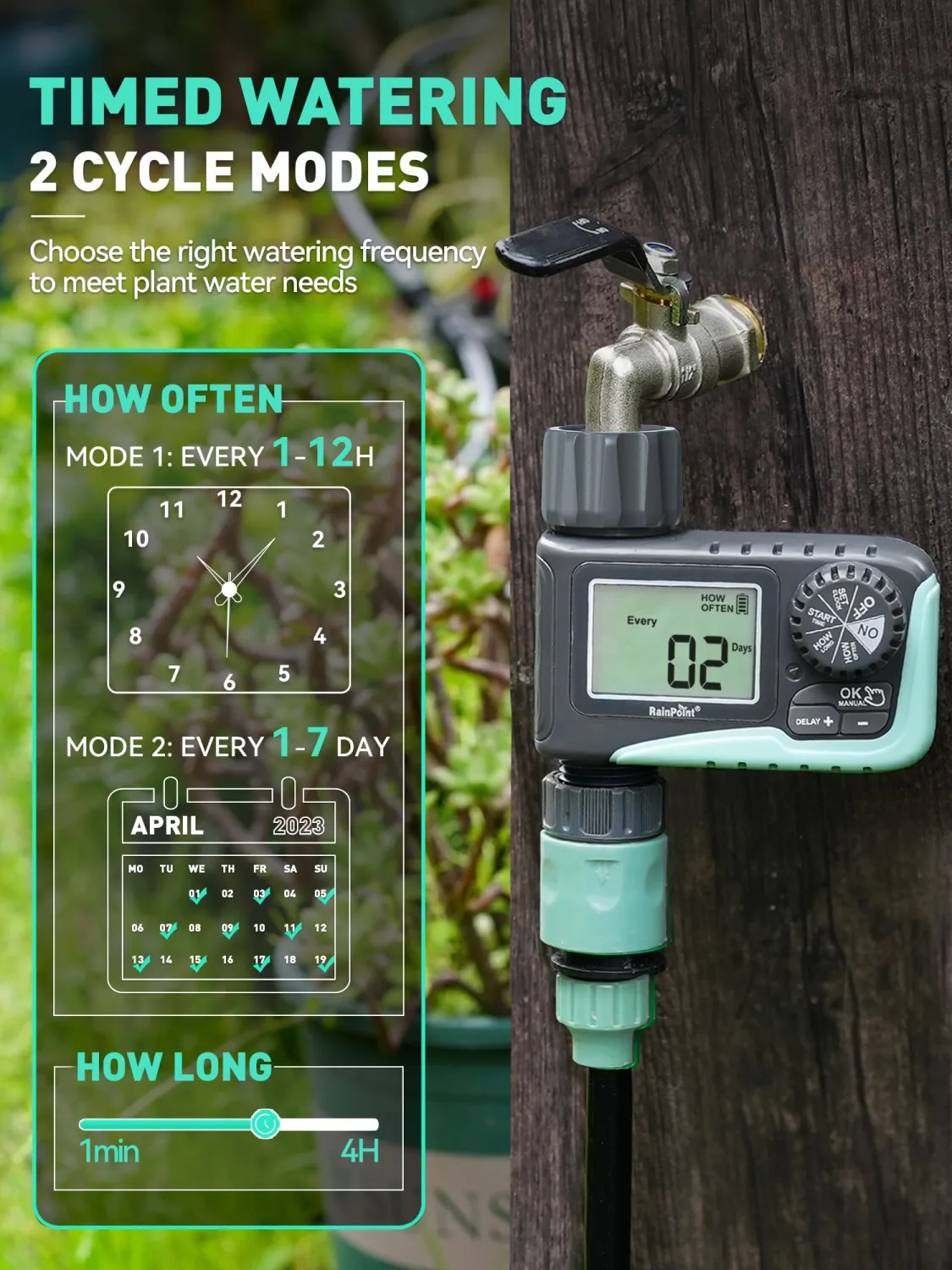 RAINPOINT Sprinkler Timer, Programmable Water Timer for Garden Hose, Outdoor Soaker Hose Timer with Rain Delay/Manual/Automatic Watering System, Digital Irrigation for Yard, Lawn, 1 Outlet