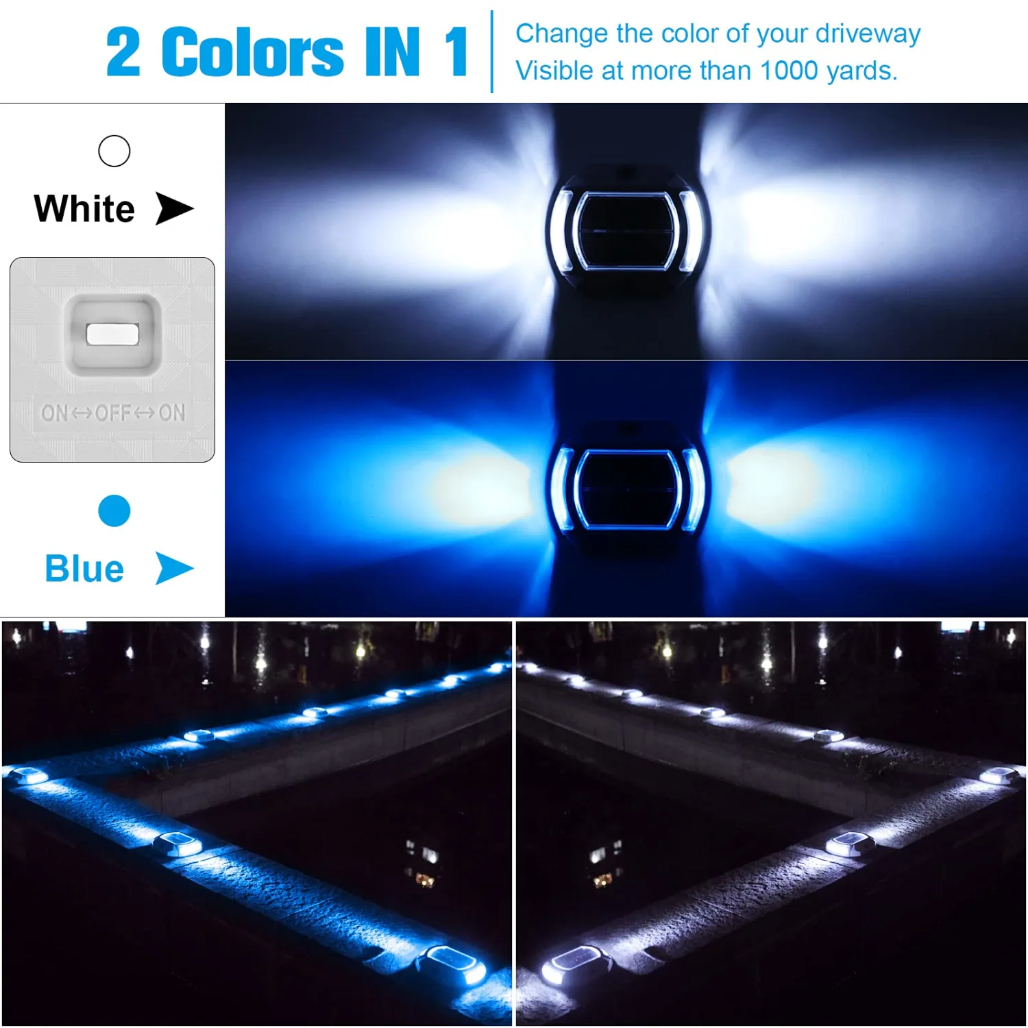 VOLISUN Solar Driveway Lights Dock Deck Lights 12 Pack,2 Colors in 1, LED Wireless Solar Powered Waterproof Outdoor Warning Step Lights for Driveway Sidewalk Pathway (2 Colors Lighting,White/Blue)