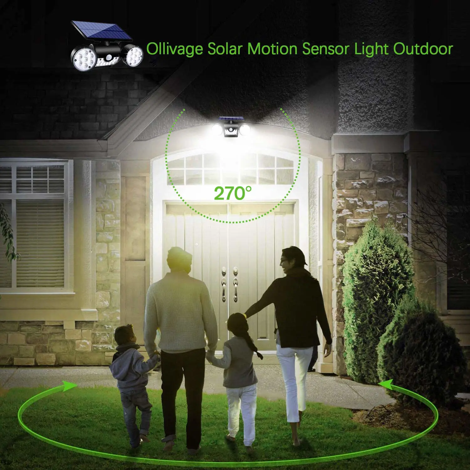 Solar Lights Outdoor, Motion Sensor Security Lights Solar Wall Lights with Dual Head Spotlights LED Waterproof 360° Adjustable Solar Motion Lights Outdoor for Garden Garage Patio, 1 Pack