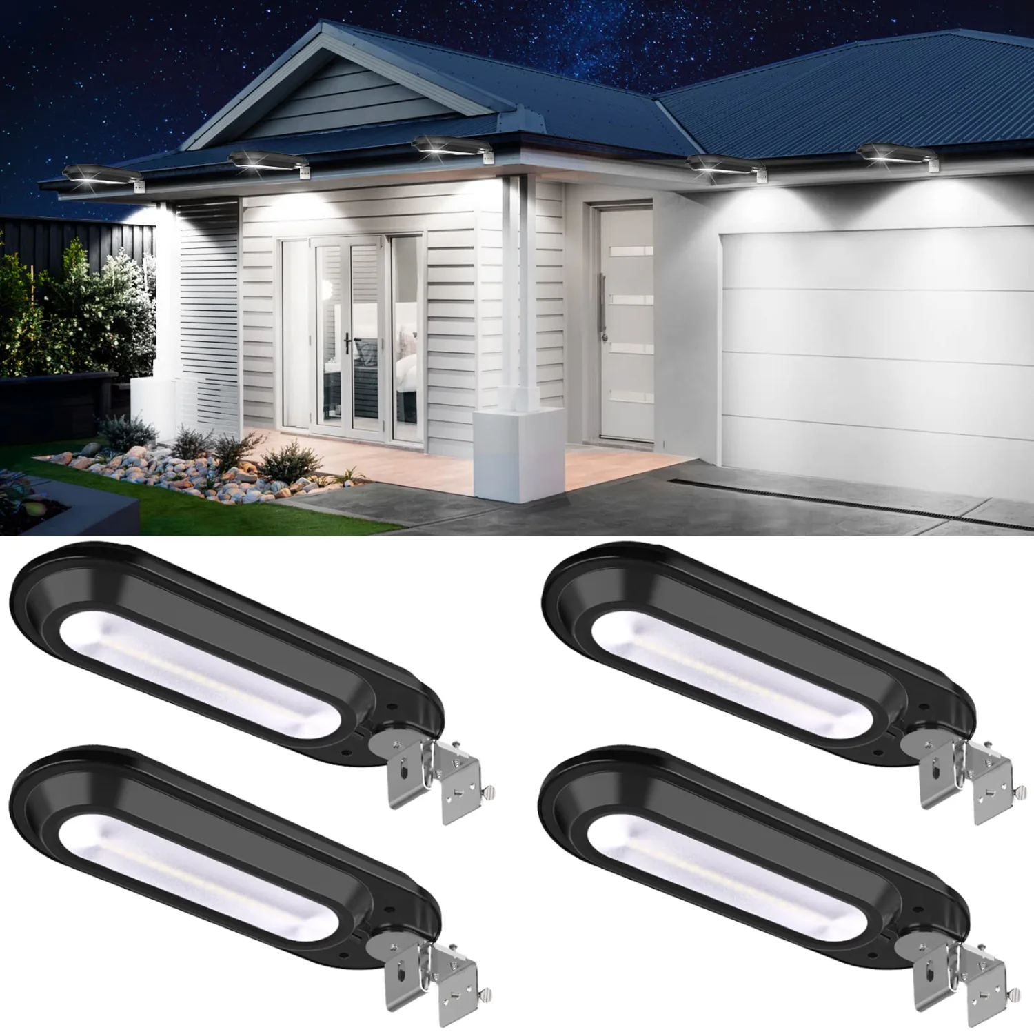 ROSHWEY Solar Gutter Lights Outdoor, Super Bright 18 LED Deck Light Waterproof Wall Lamps Dusk to Dawn for Garden Fence Garage Pathway (Pack of 4, Cool White Light)