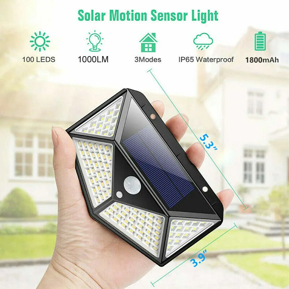 Solar Lights Outdoor [100 LED/3 Working Mode], Solar Security Lights Motion Sensor Lights Wireless IP65 Waterproof Solar Powered for Garden Fence Patio Garage Deck