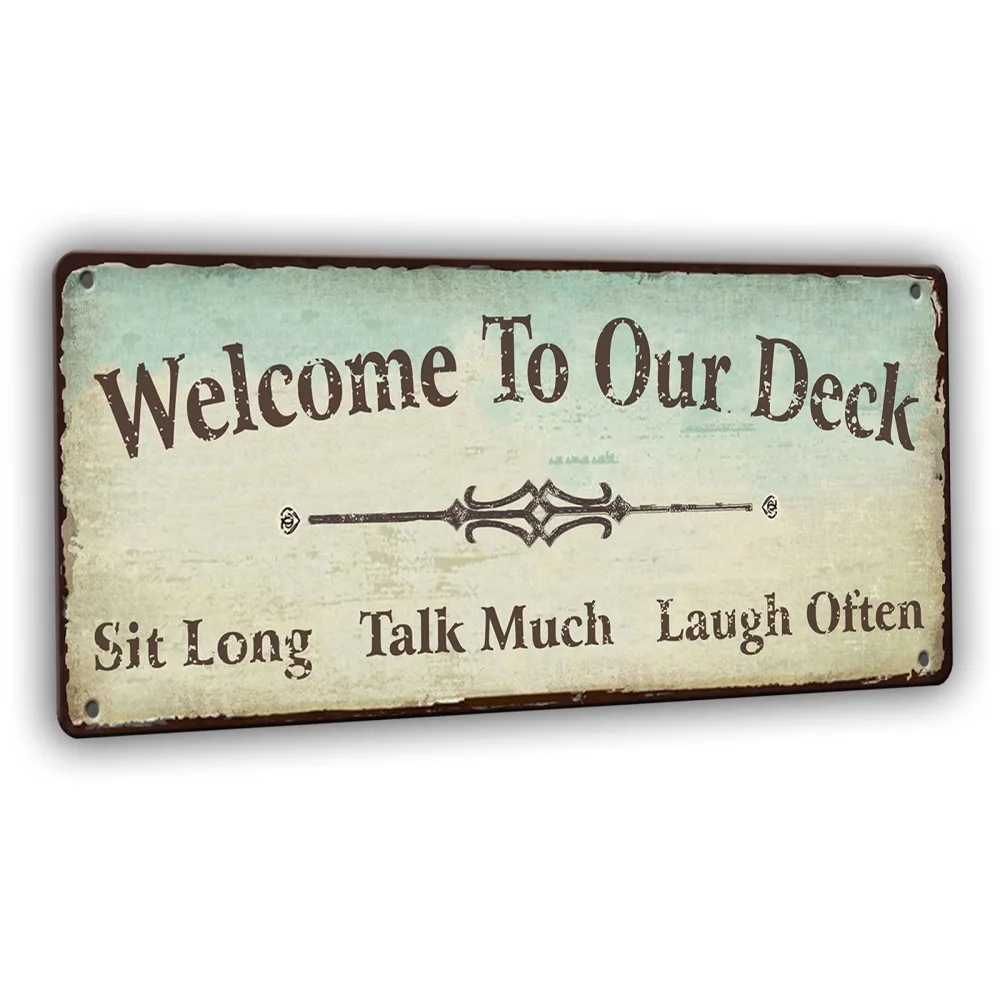 Welcome to Our Deck Sign Outdoor Decorations, Rustic Metal Tin Signs Backyard Wall Decor Accessories 15.8 x 5.9 Inches