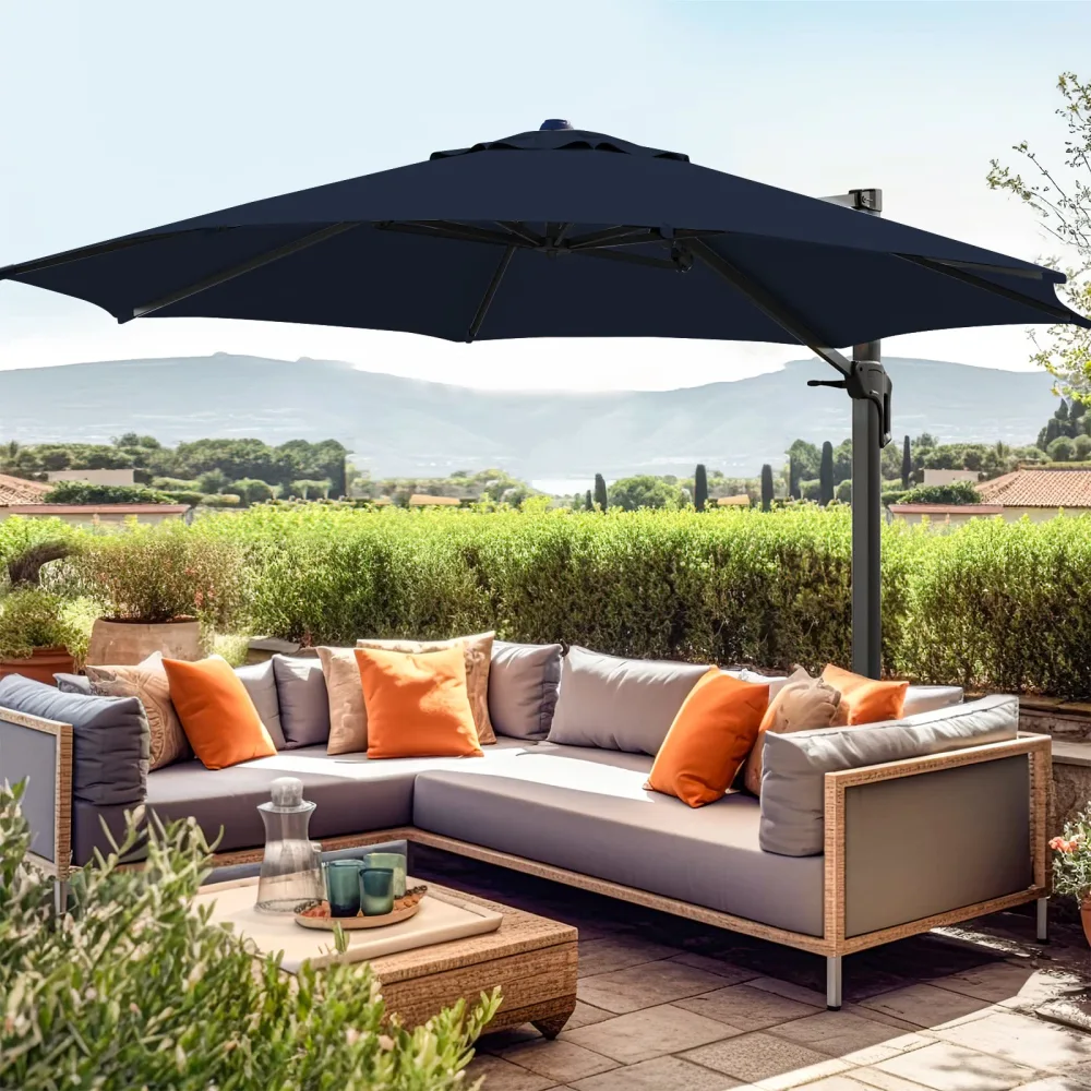 wikiwiki 11 FT Cantilever Patio Umbrellas Outdoor Offset Umbrella w/ 36 Month Fade Resistance Recycled Fabric, 6-Level 360°Rotation Aluminum Pole for Deck Pool Garden, Navy Blue