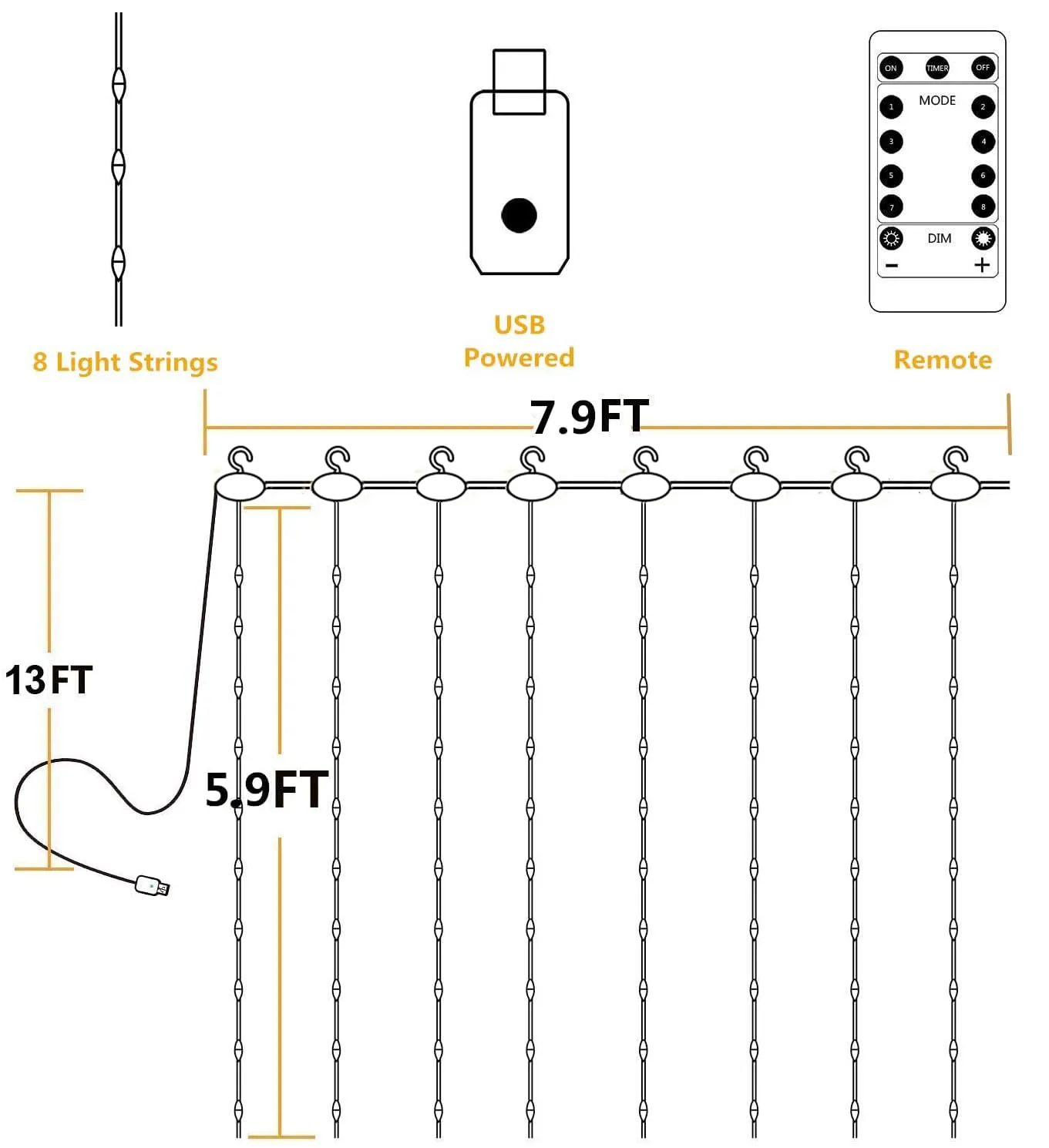 YEOLEH String Lights Curtain,7.9 x 5.9Ft 144LEDs USB Powered Fairy Lights for Bedroom Wall Decor,8 Modes & IP64 Waterproof Ideal for Outdoor Indoor Home Garden Party Holiday Halloween Room,Warm White