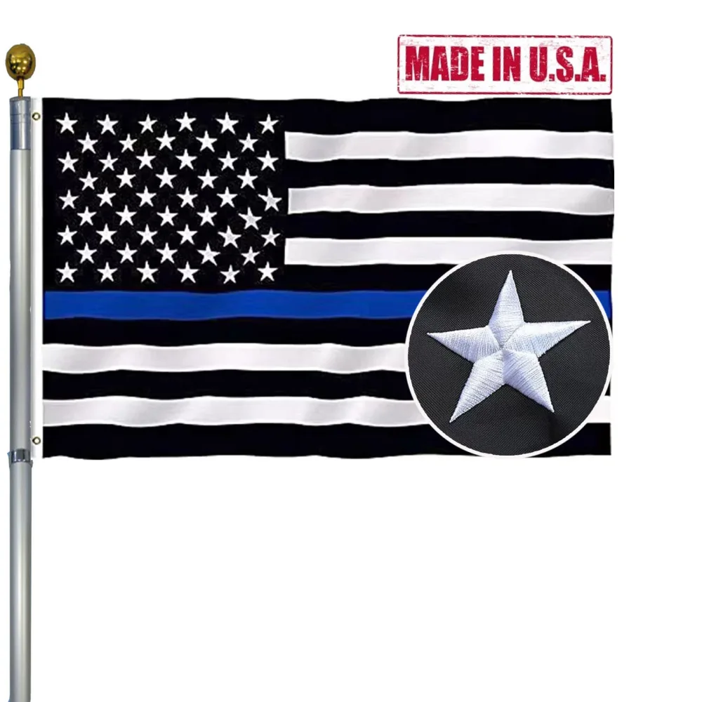 Embroidered Thin Blue Line American Flags 3x5 Outdoor Made in USA-Nylon Blue Line Blue Lives Matter Flag Embroidered Stitches Flags for Outside