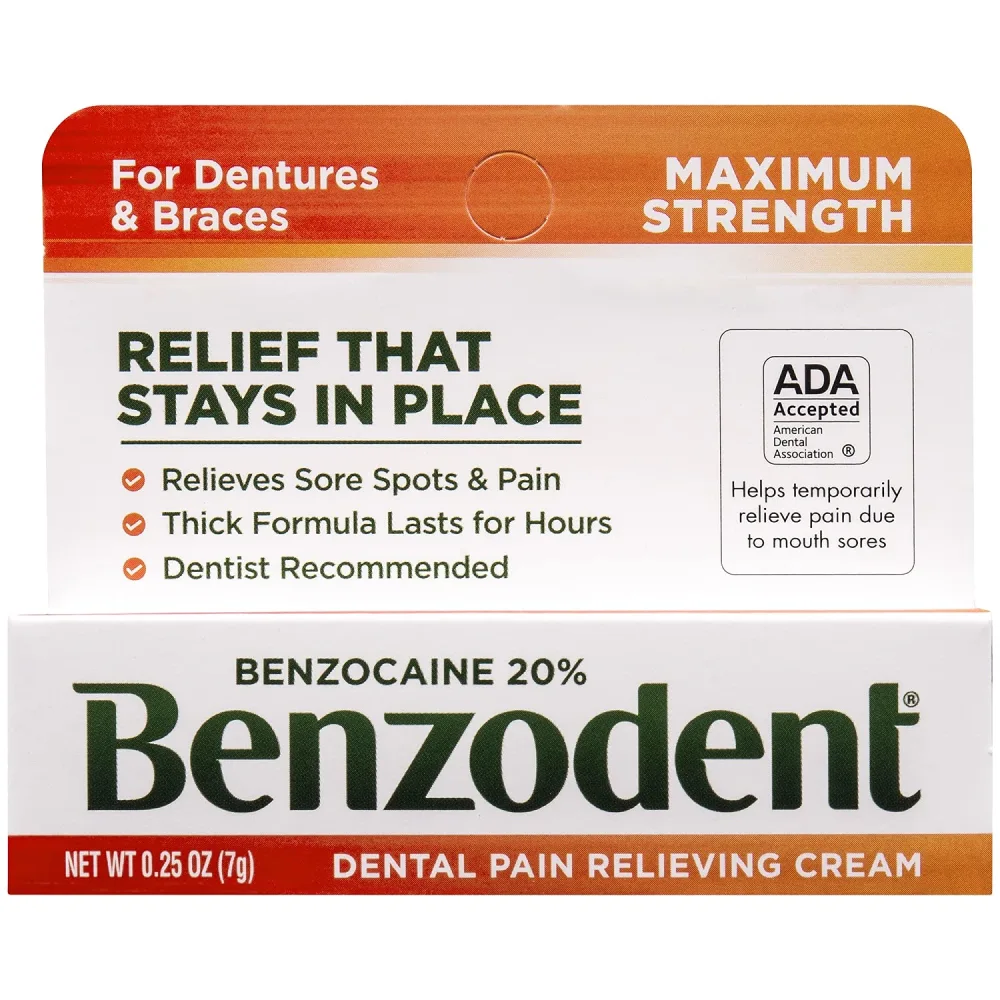 Benzodent Dental Pain Relieving Cream for Dentures and Braces, 0.25 Ounce Tube