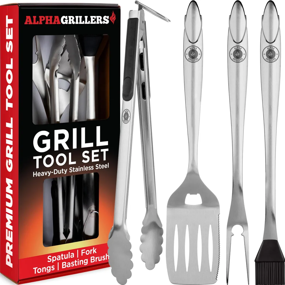 Heavy Duty Grilling Accessories - Stainless Steel Grill Tools Set BBQ Accessories for Outdoor Grill with Spatula, Fork, Brush & Tongs - Grilling Gifts for Men