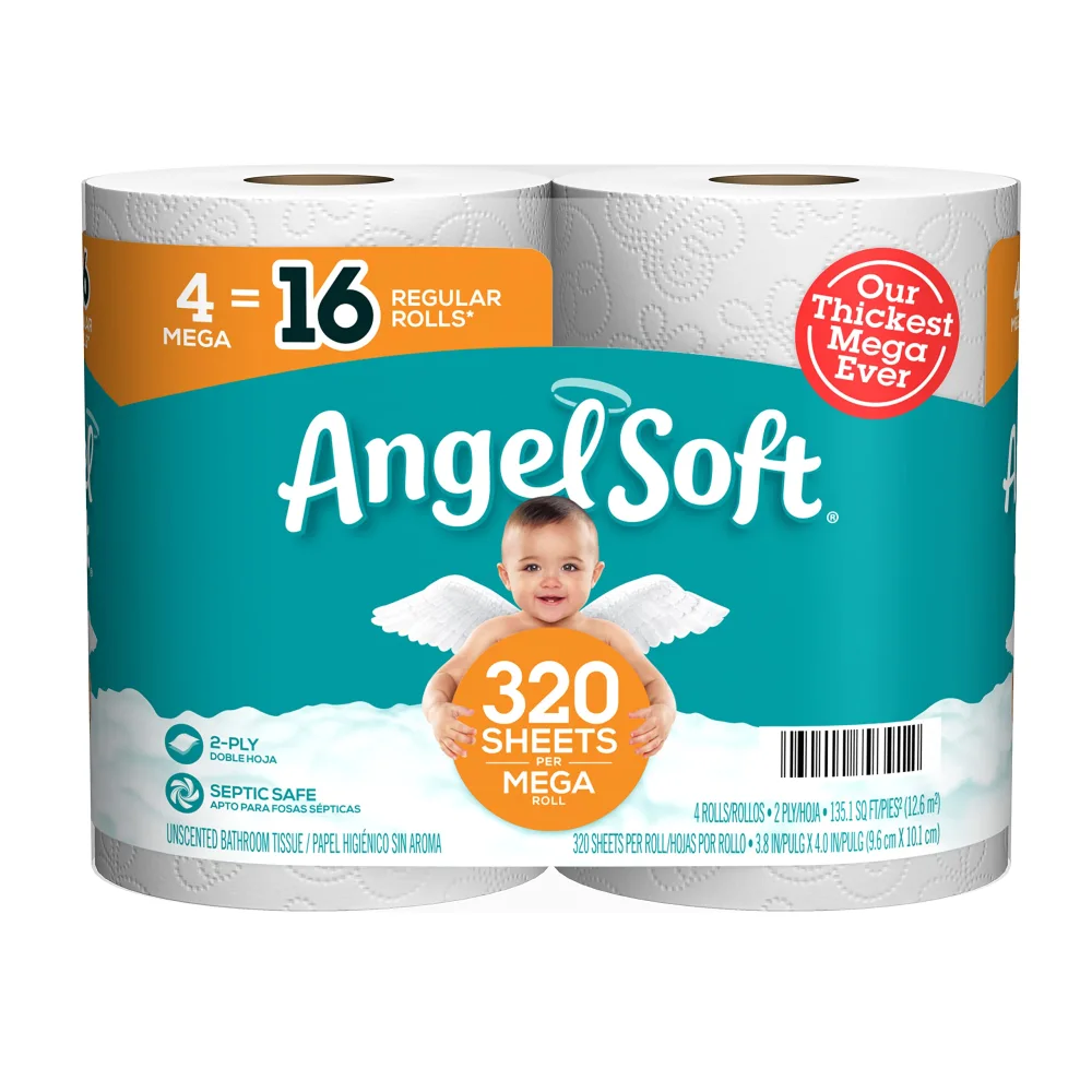 Angel Soft® Toilet Paper, 4 Mega Rolls = 16 Regular Rolls, 2-Ply Bath Tissue