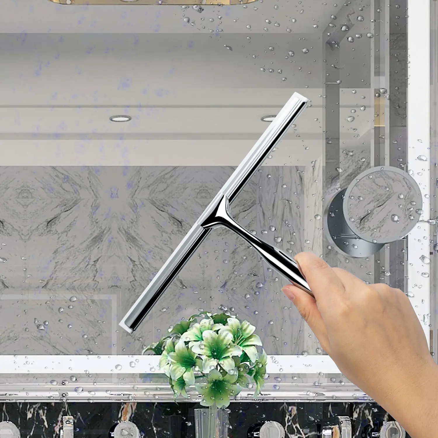Ettori Shower Squeegee Clear Glass Wall Cleaner Stainless Steel with Suction Storage Hook -10'', Chrome