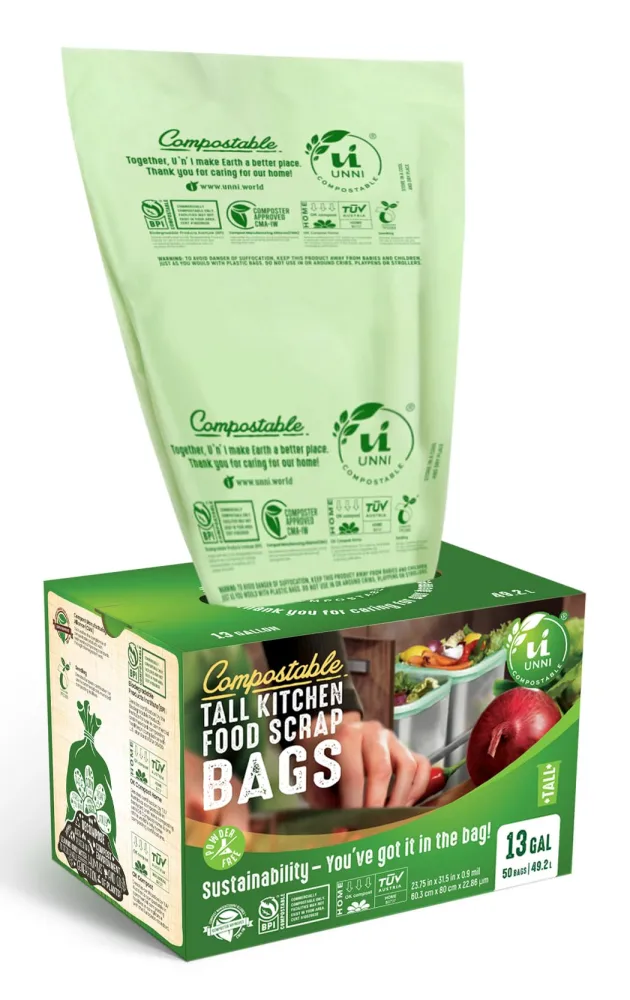 UNNI Compostable Liner Bags, 13 Gallon, 49.2 Liter, 50 Count, Heavy Duty 0.85 Mil, Tall Kitchen Food Scrap Waste Bags, ASTM D6400, US BPI, CMA and Europe OK Compost Home Certified, San Francisco