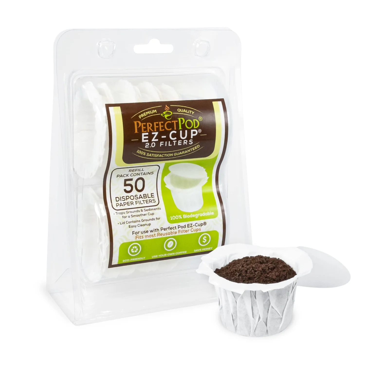 Perfect Pod EZ-Cup Disposable Paper Filters with Patented Lid Design for Reusable Coffee Pods - 4 Pack (200 Filters)
