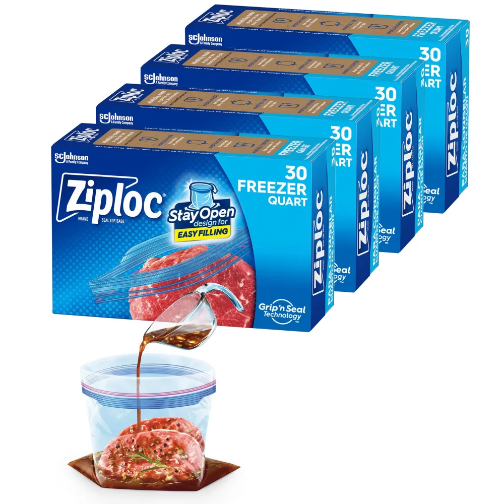 Ziploc Quart Food Storage Freezer Bags, New Stay Open Design with Stand-Up Bottom, Easy to Fill, 30 Count (Pack of 4)