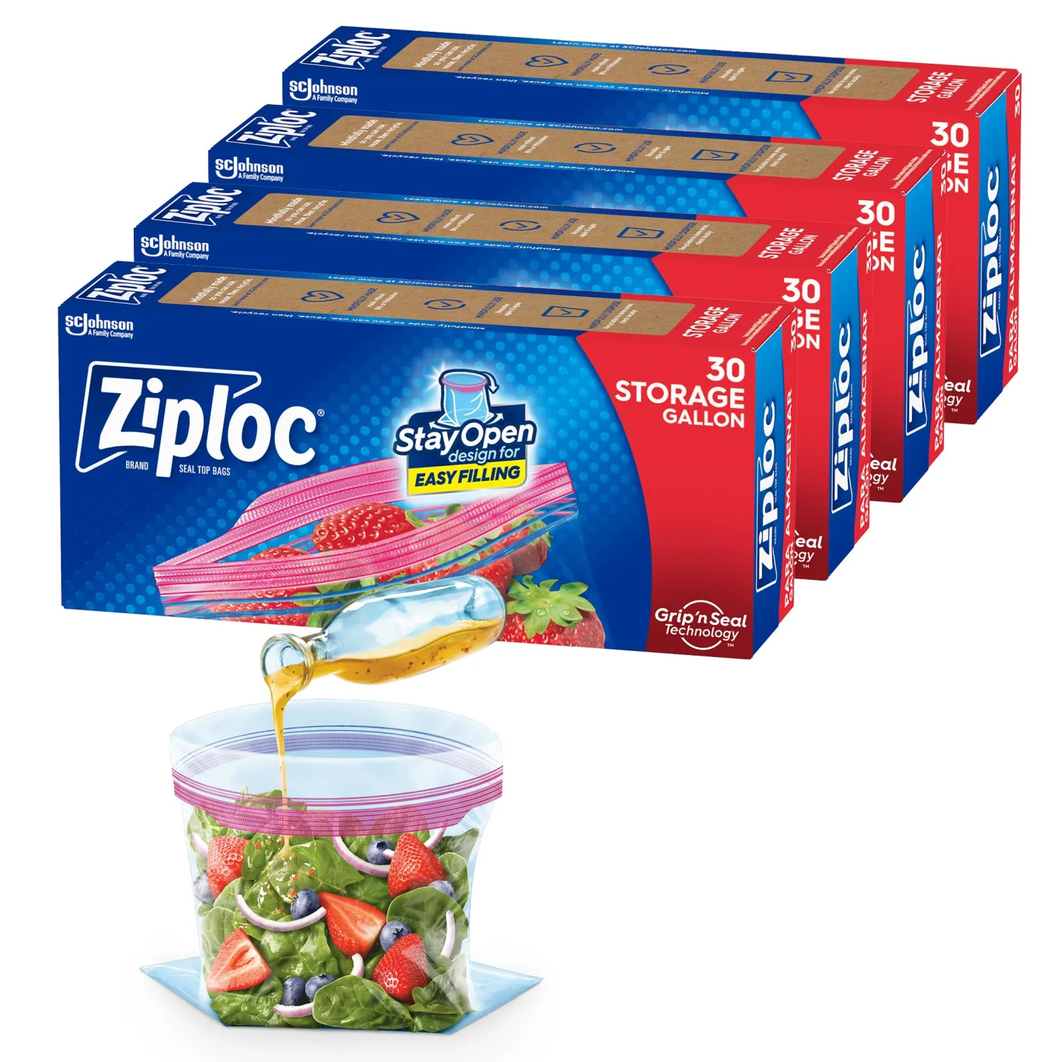 Ziploc Gallon Food Storage Bags, Stay Open Design with Stand-Up Bottom, Easy to Fill, 120 Bags Total