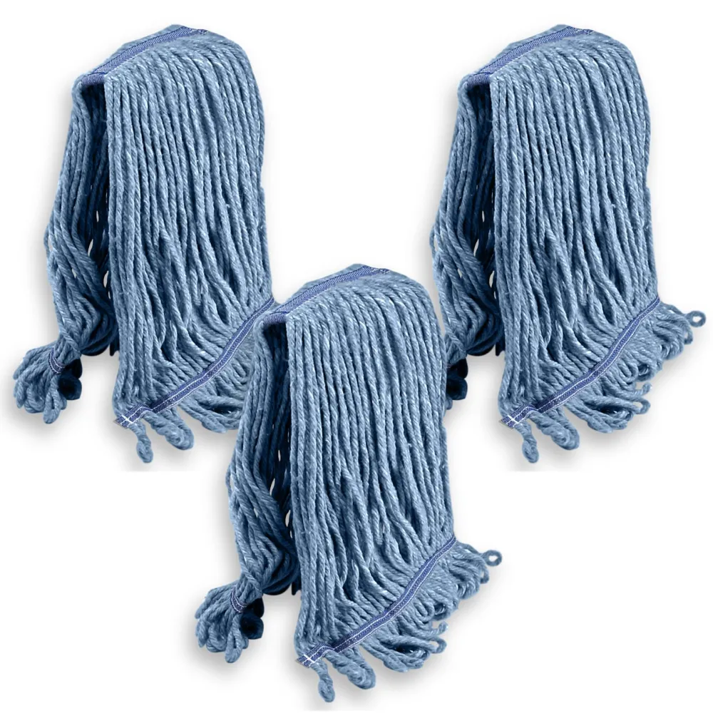 KLEEN HANDLER Pack of 3 HEAVY DUTY Commercial Mop Head Replacement, Wet Industrial Cotton Looped End String Cleaning Mop Head Refill, Blue Mop