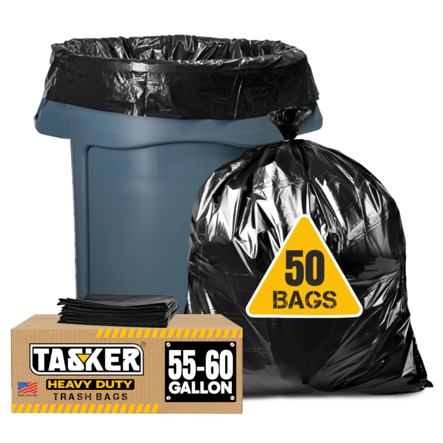Tasker 55 Gallon Trash Bags (Value 50 Bags w/Ties) Extra Large Industrial Trash Bags 55 Gallon, Lawn and Leaf Bags, Extra Large Outdoor Contractor Trash Can Liners, 50-60 Gallon Commercial Liners.