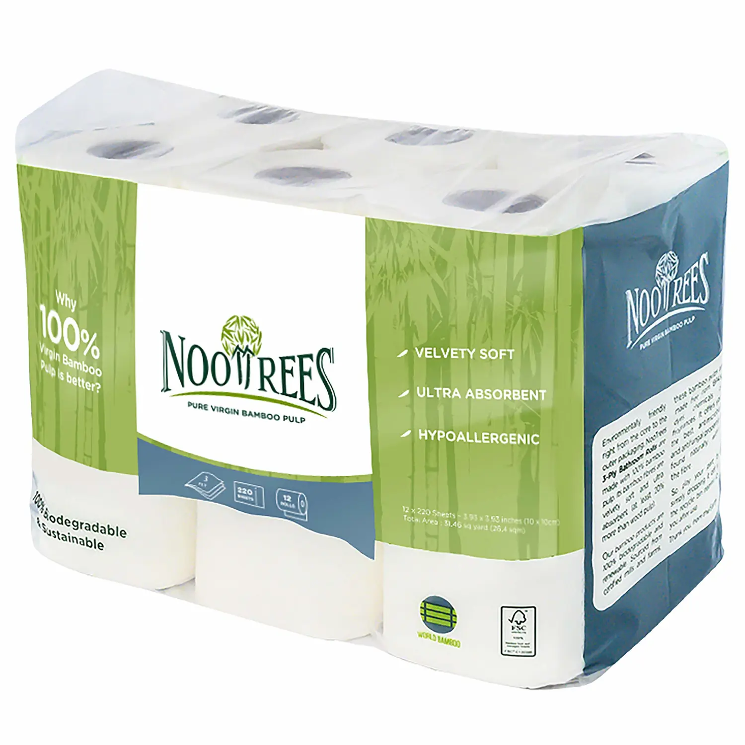 Bamboo Toilet Tissue, Tree Free, 100% Biodegradable, Sustainable, Renewable and FSC Certified 3-ply Toilet Paper, 220 Sheets, 12 Rolls, Pack of 1