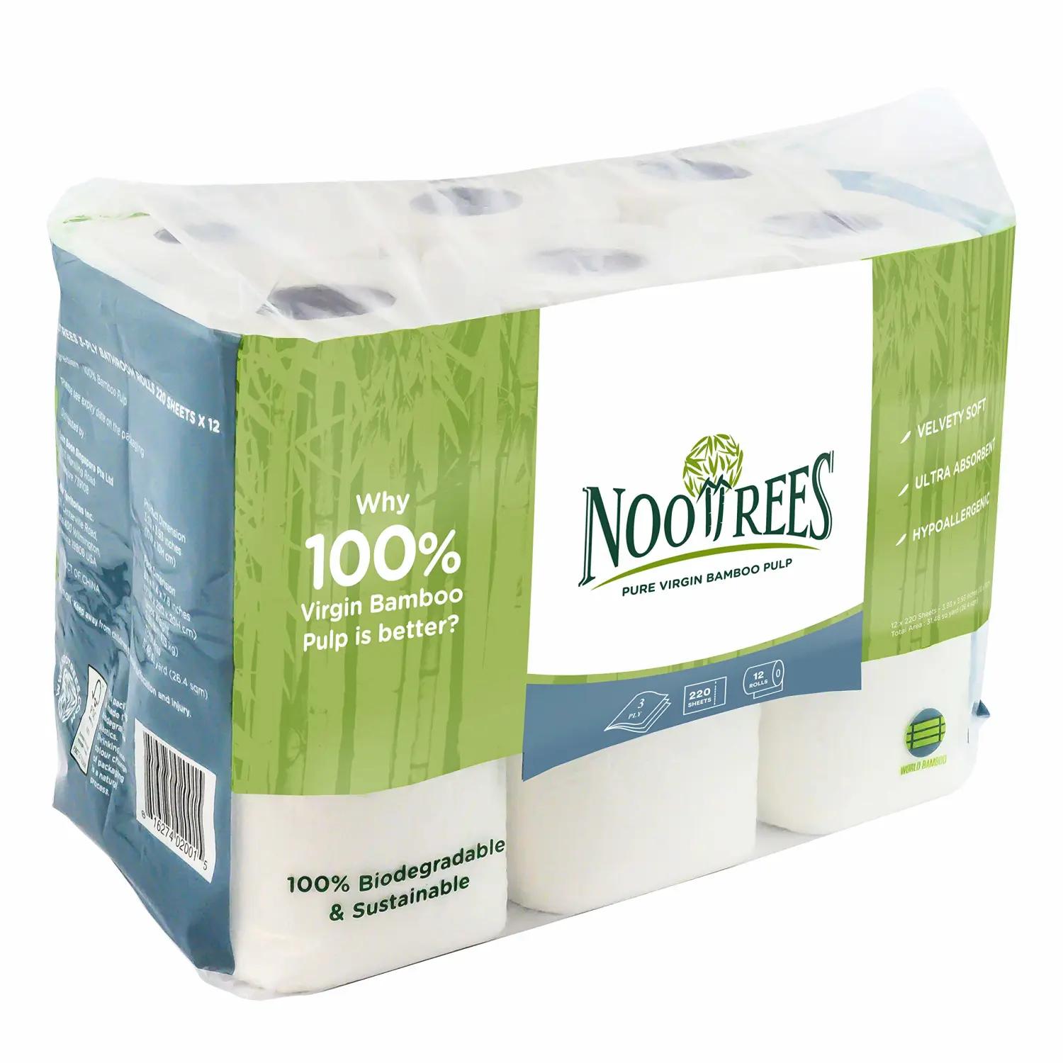 Bamboo Toilet Tissue, Tree Free, 100% Biodegradable, Sustainable, Renewable and FSC Certified 3-ply Toilet Paper, 220 Sheets, 12 Rolls, Pack of 1