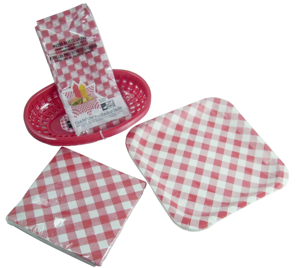 BBQ Party Picnic Bundle: Paper Plates, Napkins, Red Deli Baskets & Waxed Gingham Basket Liners (53 Piece Set)