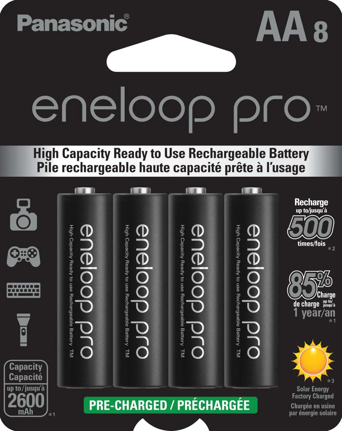 Eneloop Panasonic BK-3HCCA8BA pro AA High Capacity Ni-MH Pre-Charged Rechargeable Batteries, 8-Battery Pack