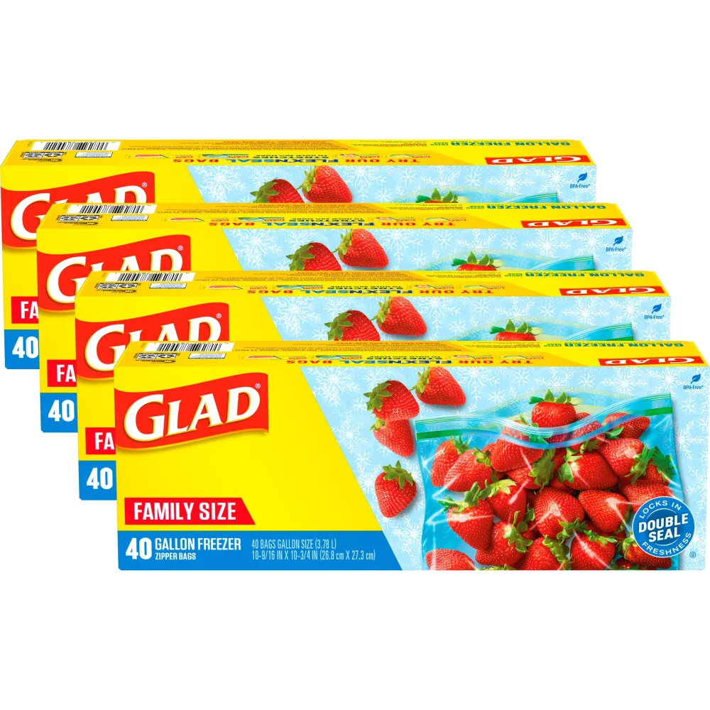 Glad Zipper Freezer Storage Plastic Bags, Gallon, set of 4 x 40 bags -Package May Vary