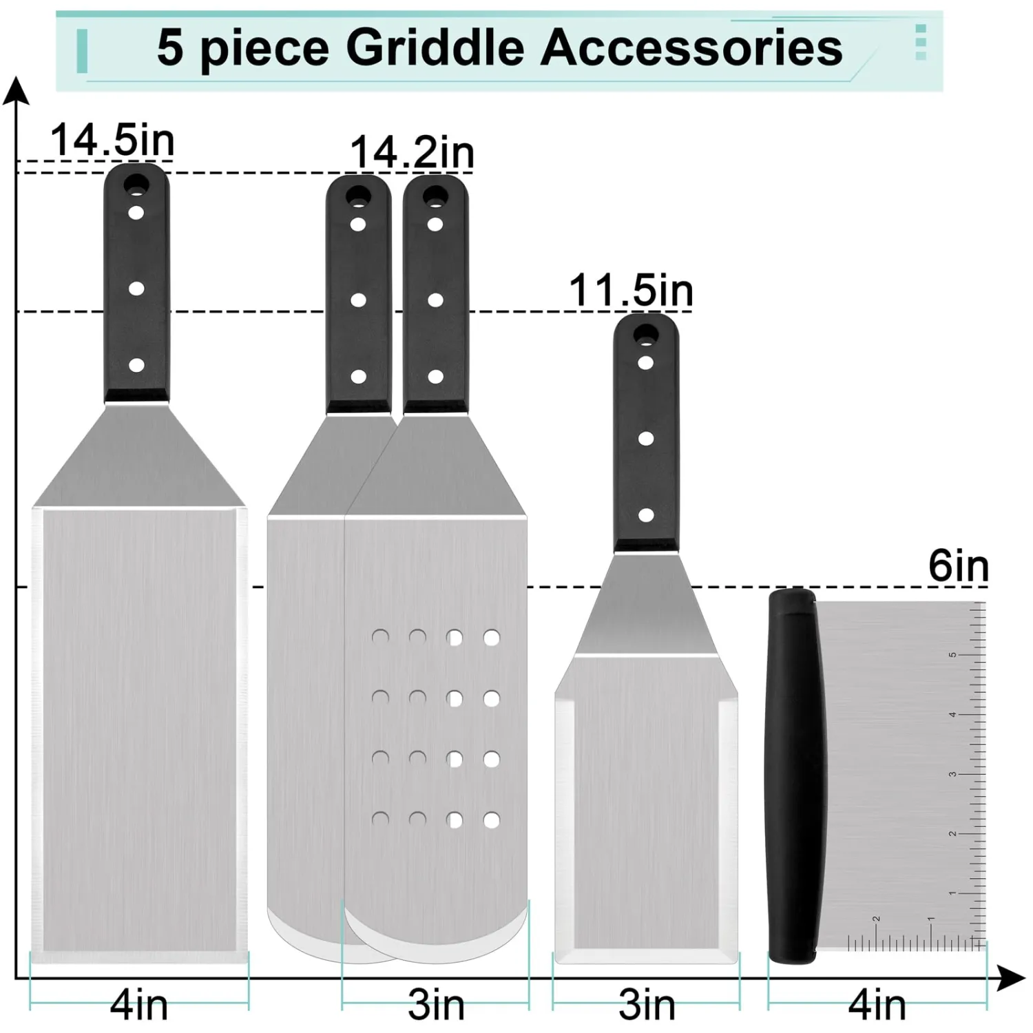 HaSteeL Metal Spatula Set of 5, Stainless Steel Grill Spatula & Griddle Scraper - Multipurpose Griddle Accessories for BBQ Hibachi Teppanyaki Flat Top Cooking, Riveted Handle & Dishwasher Safe