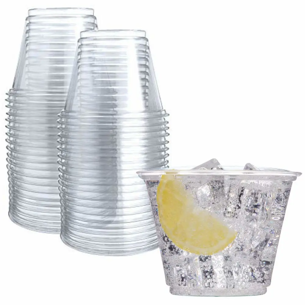 Prestee Clear Plastic Party Cups Disposable - PET Clear Water Plastic Cup Disposable - Plastic Wine Cups - Clear Disposable Cups - Small Cups - Plastic Drinking Cups (50ct 9oz)