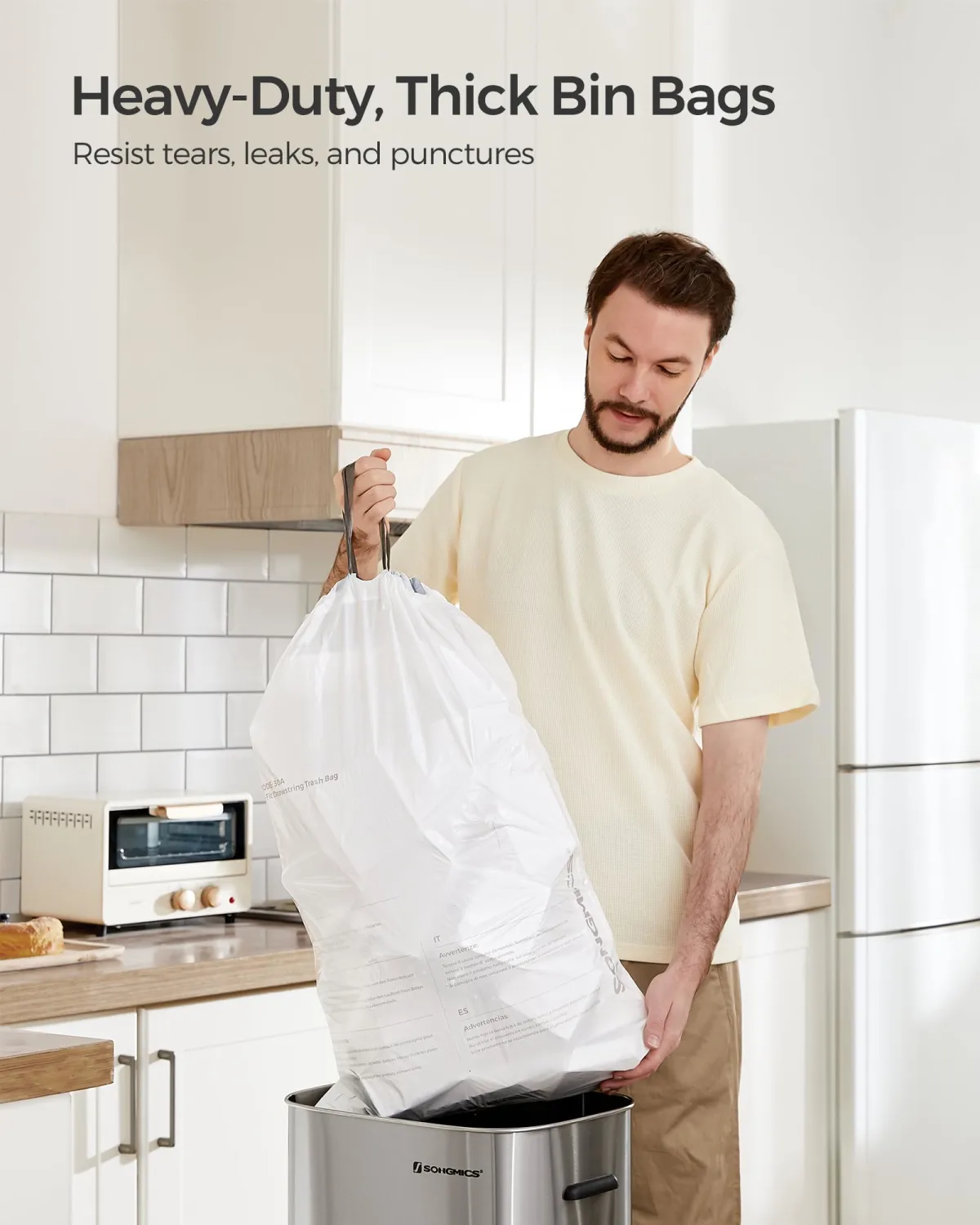 SONGMICS Trash Bags for 8-Gallon (30L) Trash Cans, 90 Count Drawstring Kitchen Garbage Bags, Pre-Separated, Liner Code 30A, 2 Rolls, White UKRB30A02
