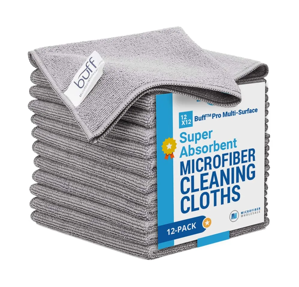 12" x 12" Buff Pro Multi-Surface Microfiber Cleaning Cloths | Gray - 12 Pack | Premium Microfiber Towels for Cleaning Glass, Kitchens, Bathrooms, Automotive, Supplies & Products