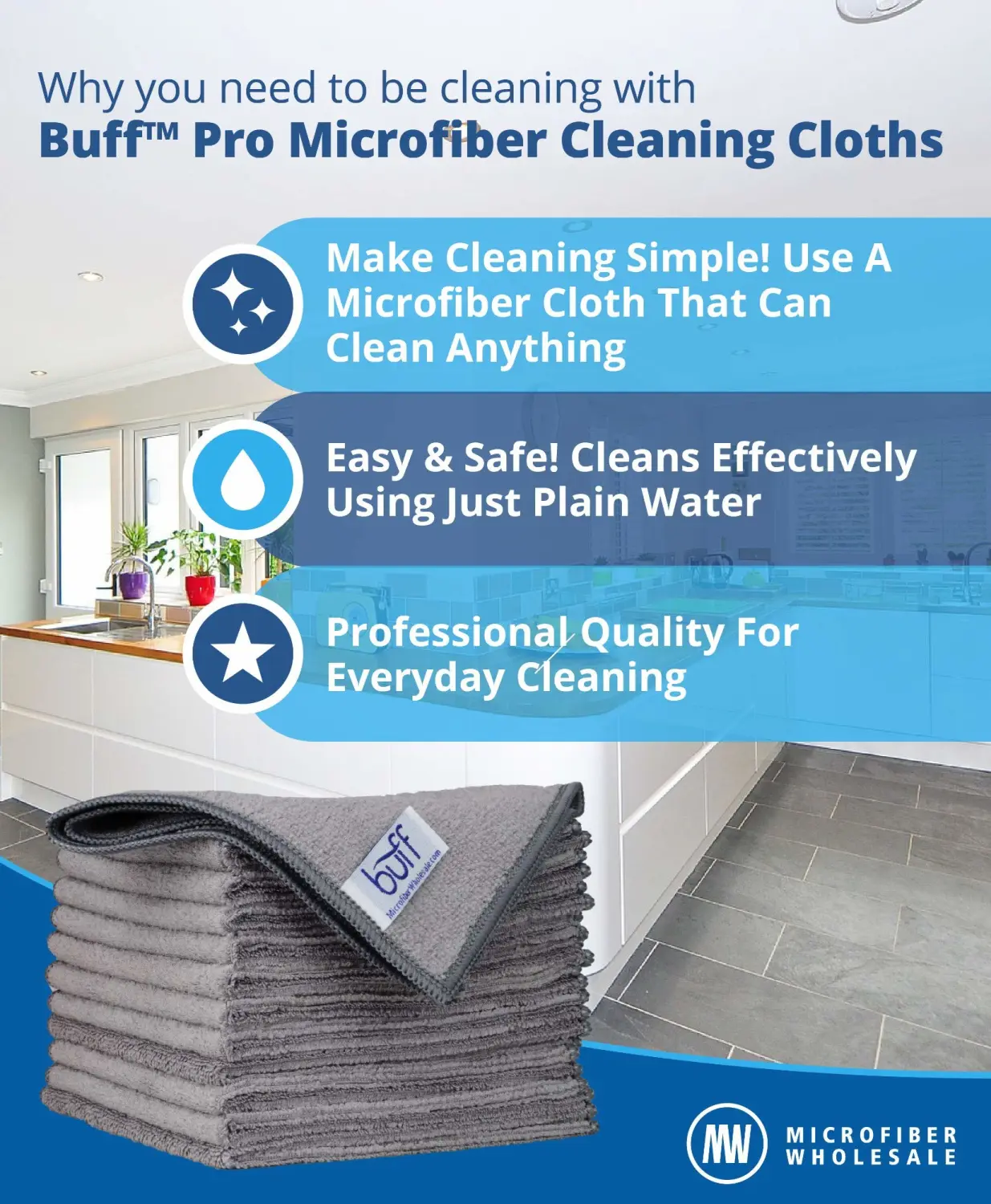 12" x 12" Buff Pro Multi-Surface Microfiber Cleaning Cloths | Gray - 12 Pack | Premium Microfiber Towels for Cleaning Glass, Kitchens, Bathrooms, Automotive, Supplies & Products