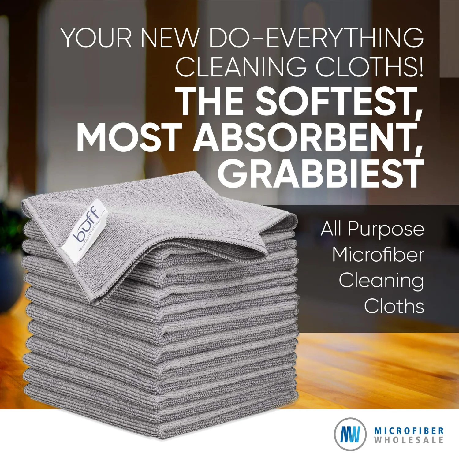 12" x 12" Buff Pro Multi-Surface Microfiber Cleaning Cloths | Gray - 12 Pack | Premium Microfiber Towels for Cleaning Glass, Kitchens, Bathrooms, Automotive, Supplies & Products