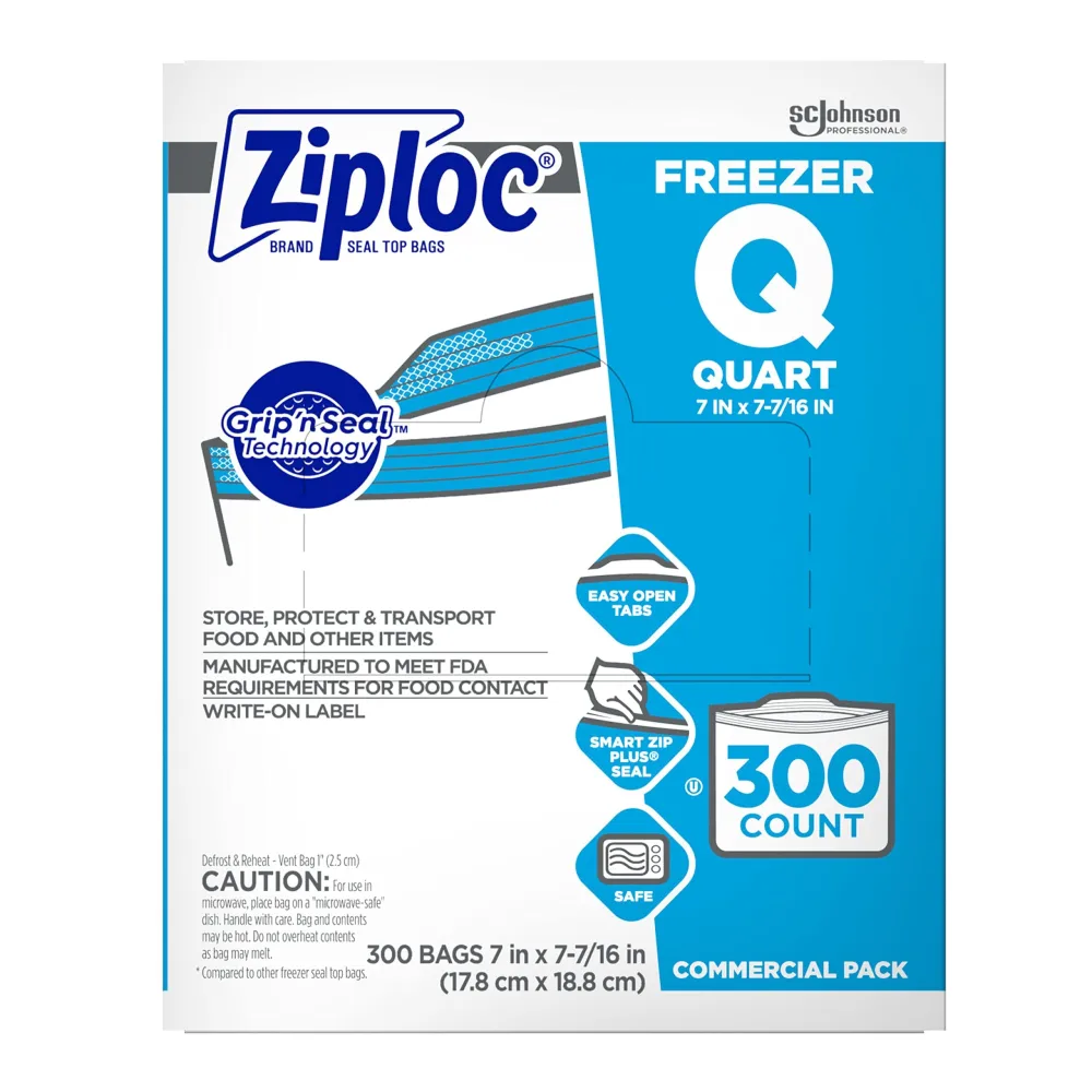 Ziploc 696187 Double Zipper Freezer Bags, 1qt, 2.7mil, 7 x 7 3/4, Clear w/Label, 300/Carton