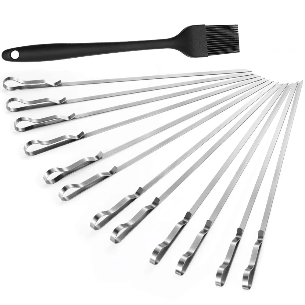 Kabob Skewers 17" Stainless Steel BBQ Barbecue Skewers 7/20" Flat Metal Grilling Skewers Set, Reusable BBQ Sticks (Set of 12 +1 X Handy Storage)