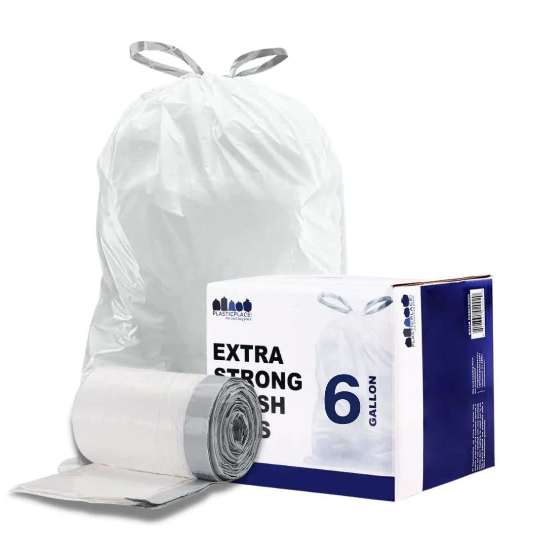 Plasticplace 6 Gallon Trash Bags, 0.7 Mil, White Drawstring Garbage Can Liners, 17" x 20" (200 Count)
