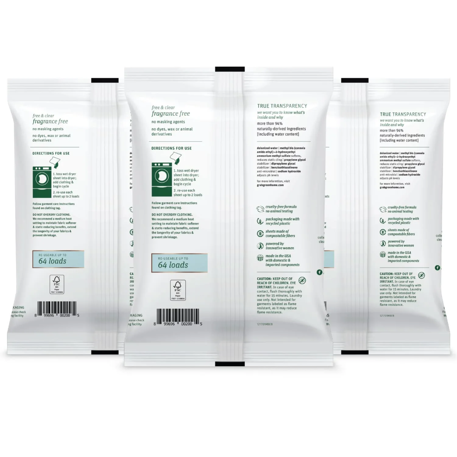 Grab Green Wet Dryer Sheets, 96 Count, Fragrance Free, Plant Based, Softens Fabrics, Reduces Static Cling and Wrinkles
